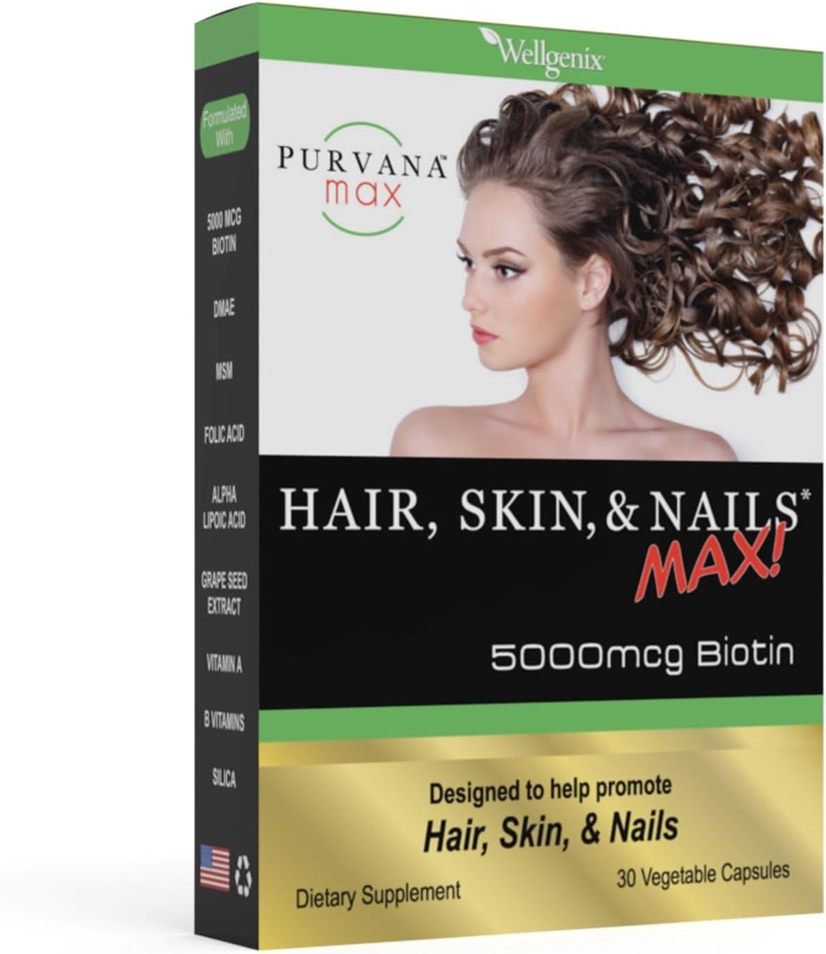Wellgenix Purvana MAX Hair, Skin & Nails Supplement – 5000mcg Biotin with MSM & B-Complex – 60 Veggie Capsules (2-Pack) - görsel 2
