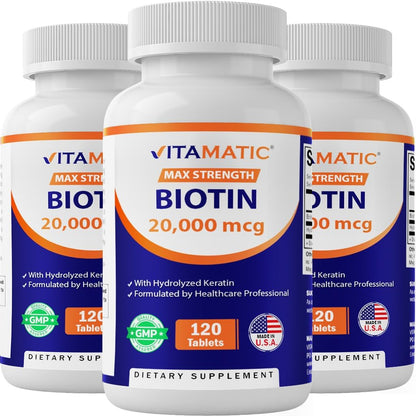 Vitamatic High Strength Biotin 20,000 mcg with Keratin - 120 Tablets (Pack of 3)