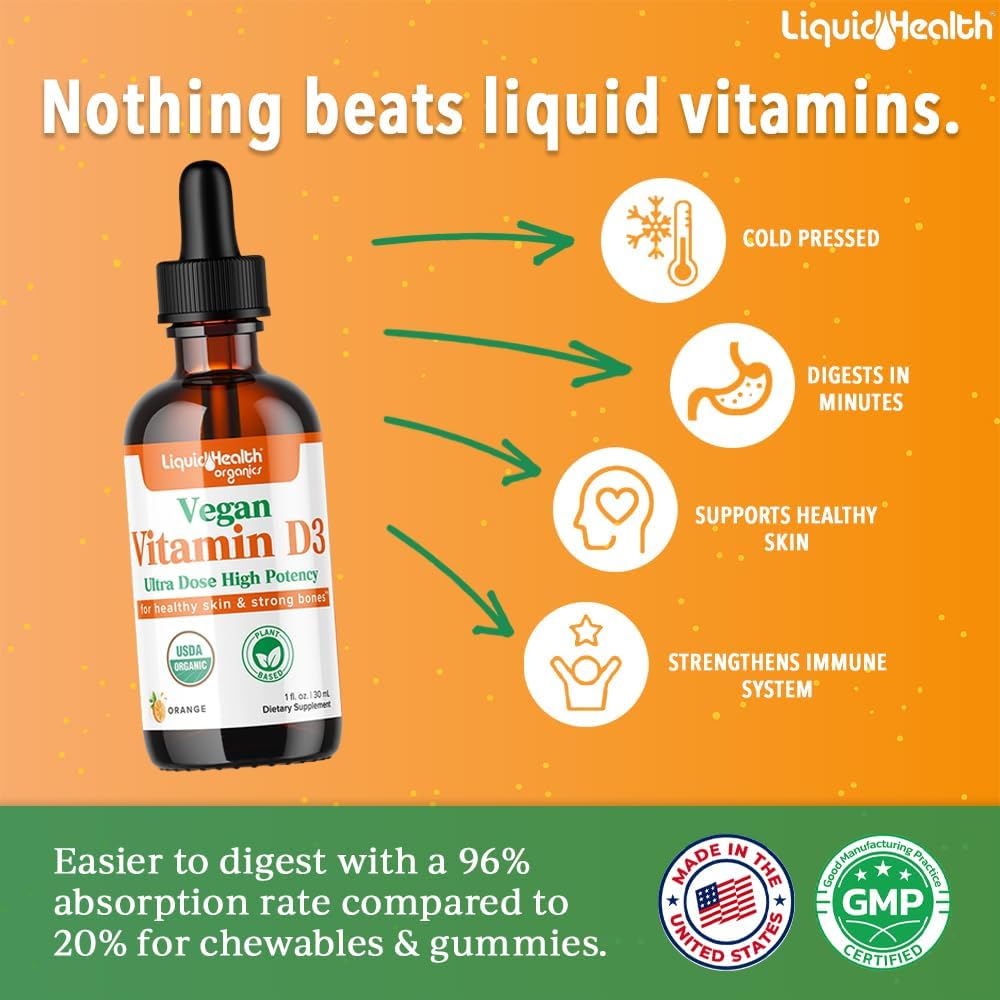 LIQUIDHEALTH Vitamin D3 4000 IU, USDA Organic Vitamin D Liquid Drops for Adults & Kids, Vegan Vitamin D for Immune System Support and Bone Health - Made in USA (2 Pack) - görsel 2