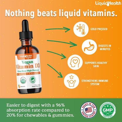 LIQUIDHEALTH Vitamin D3 4000 IU, USDA Organic Vitamin D Liquid Drops for Adults & Kids, Vegan Vitamin D for Immune System Support and Bone Health - Made in USA (2 Pack)