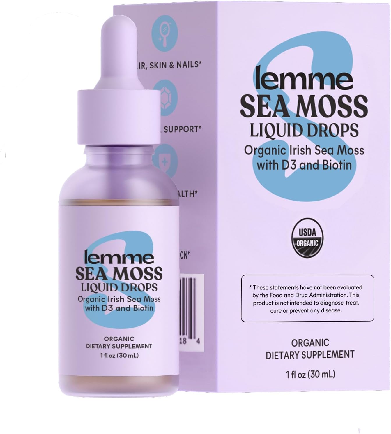 Lemme Irish Sea Moss Organic Liquid Drops with Vitamin D3 & Biotin – For Normal Thyroid Function, Immunity, Hair, Skin & Nails, 30 ml (30-Day Supply) - görsel 1