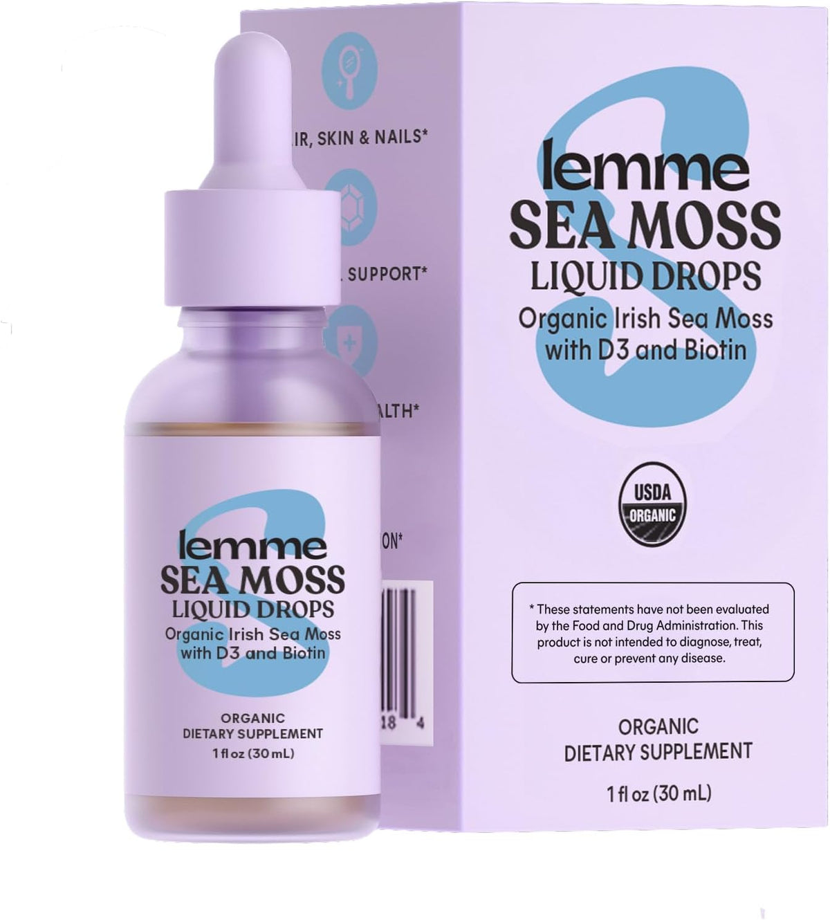 Lemme Irish Sea Moss Organic Liquid Drops with Vitamin D3 & Biotin – For Normal Thyroid Function, Immunity, Hair, Skin & Nails, 30 ml (30-Day Supply) - görsel 1