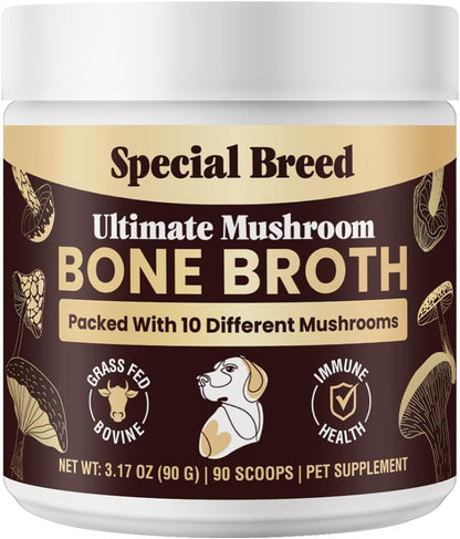 Beef Bone Broth for Dogs – High Protein Powder with Ten Organic Mushrooms and Collagen