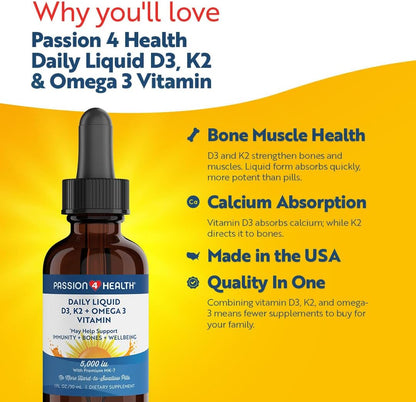 Passion 4 Health Organic Liquid Vitamin D3 K2 (MK-7) & Omega-3 Supplement – Liquid Vitamin D Drops (5000 IU) – For Healthy – Image 2
