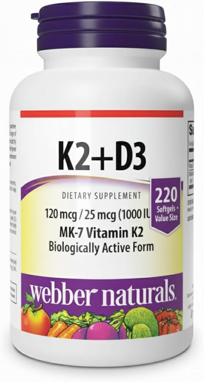 Webber Naturals K2 + D3 120 mcg/1000 IU - 220 Soft gel capsules