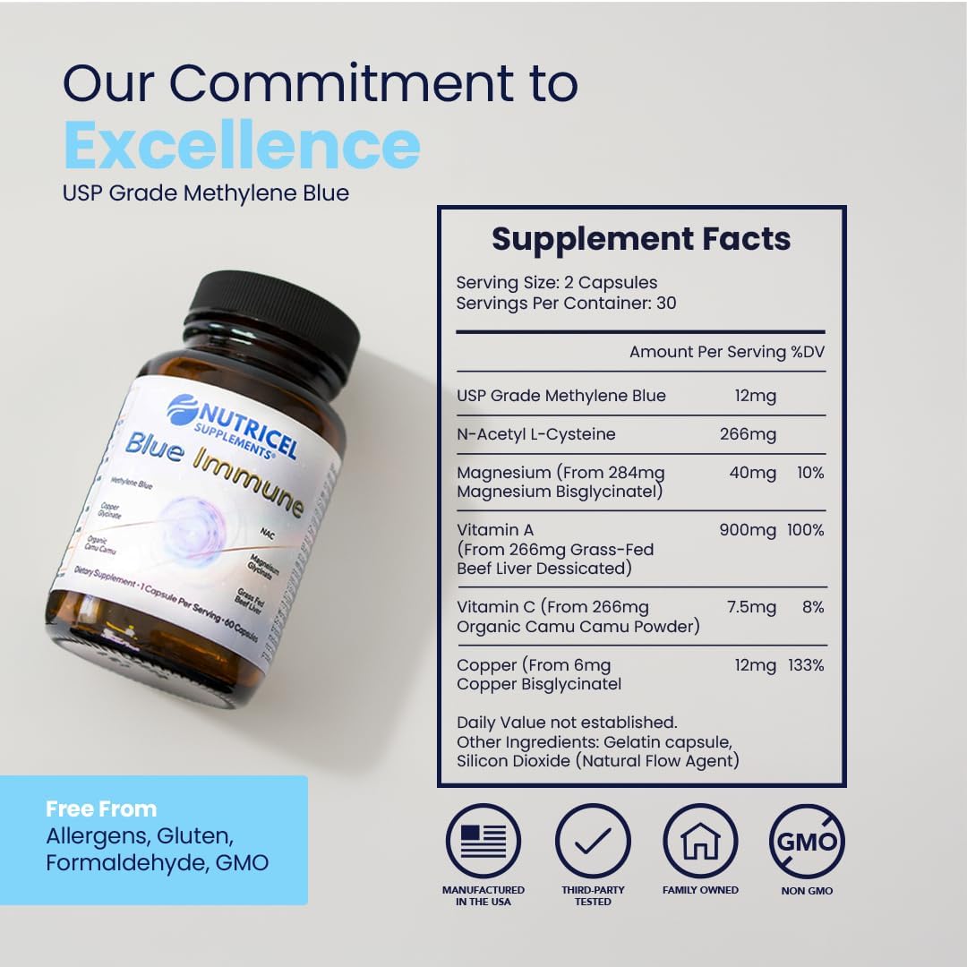 Nutricel Supplements Blue Immune 60 Capsules - Optimum Nootropic with USP Grade Methylene Blue, Grass-Fed Beef Liver, Copper, Magnesium, Vitamin A, E, and C - görsel 7