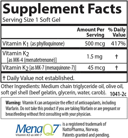 Carlson K Complete - Vitamin K1 & K2 (MK-4 & MK-7) - Supports Bone & Heart Health - 45 Softgels