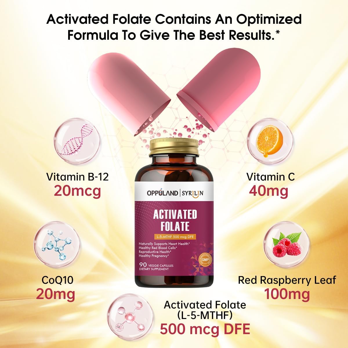 Activated Folate-L 5-MTHF DFE Supplement - Methylfolate B9 with Vitamin B12, CoQ10 & Red Raspberry - 500 mcg - 90 Veggie Capsules - görsel 1