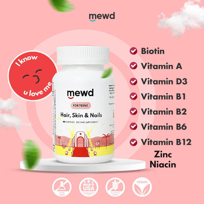 MEWD Hair, Skin & Nails Support Multivitamin Gummies for Teens and Children - Biotin with Zinc, Vitamins A, D3, B1, B2, B6 & B12 - Gluten-Free, Non-GMO - 60 Count - Made in the USA