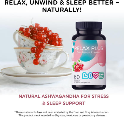 LIVS Relax Plus Gummies – Stress Relief & Calm Support with Ashwagandha, GABA, Lemon Balm & Vitamin B6 | Natural Red Berry Flavour | Vegan | 60 Count