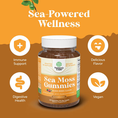 Sea Moss Gummies for Adults and Children - Vegan Immune Support Gummies with Burdock & Bladderwrack - Berry Flavour - 30 Count