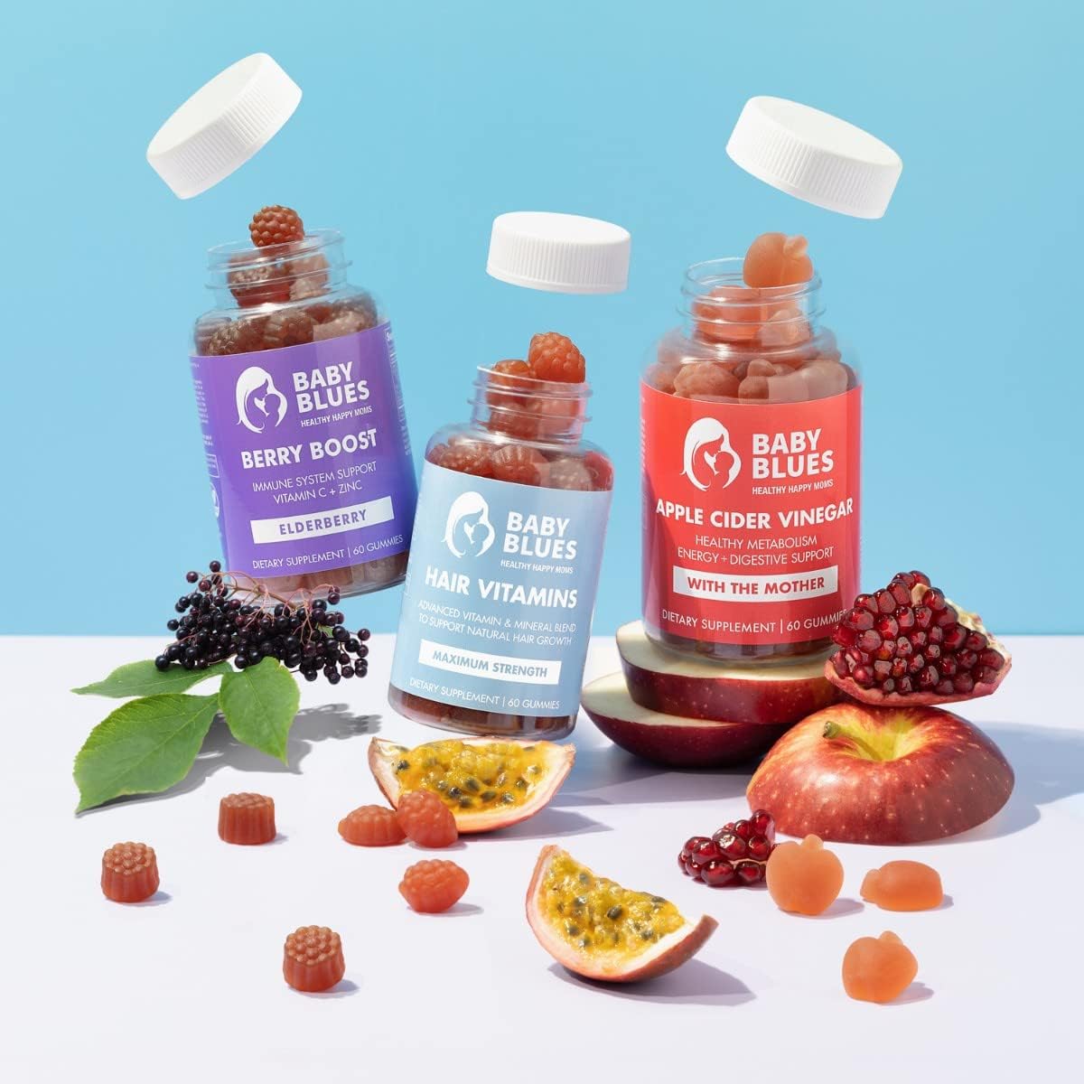 Baby Blues Postpartum Essentials Pack for New Mum, 3-Pack Postpartum Vitamin Kit with Hair Vitamins, Apple Cider Vinegar and Elderberry Gummies, for Hair, Energy and Immune Support, 180 Gummies - görsel 2