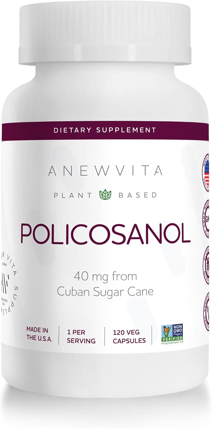 Anew Vita Policosanol Supplement - 40mg per Serving, Cuban Sourced Sugarcane, Non-GM, Gluten-Free - 120 Veggie Capsules - görsel 1