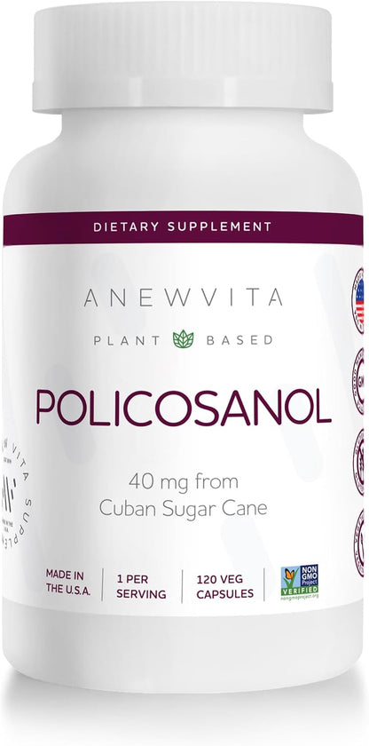 Anew Vita Policosanol Supplement - 40mg per Serving, Cuban Sourced Sugarcane, Non-GM, Gluten-Free - 120 Veggie Capsules