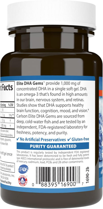 Carlson Elite DHA Gems, 1,000 mg DHA, 30 Soft Gels