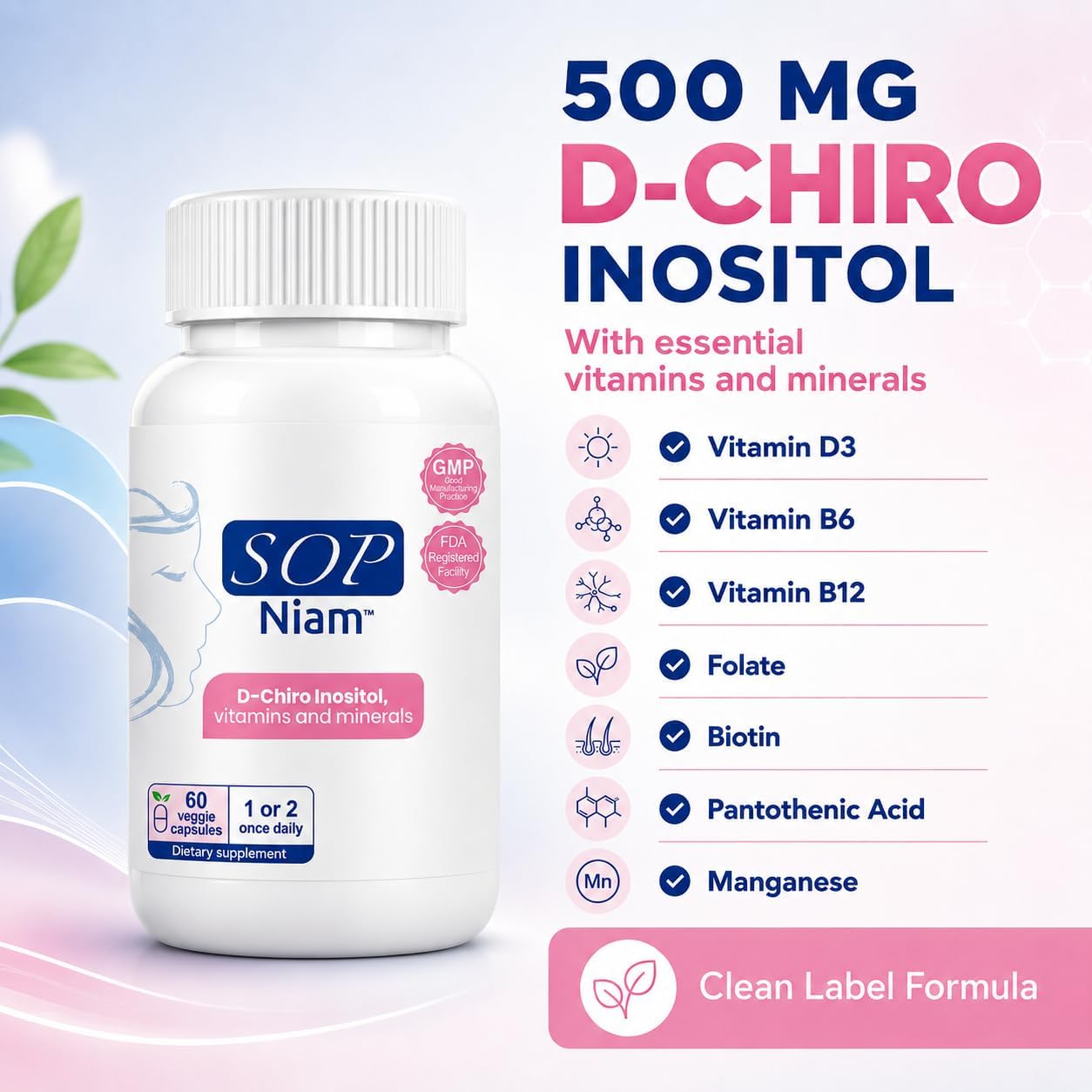 SOP NIAM D-Chiro Inositol 500mg for Women with Folic Acid, Vitamin D3, B6, B12, Biotin - 60 Vegan Capsules - görsel 3
