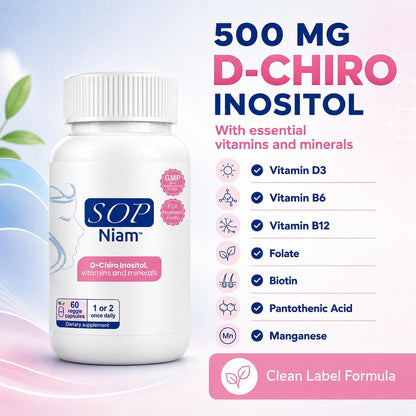 SOP NIAM D-Chiro Inositol 500mg for Women with Folic Acid, Vitamin D3, B6, B12, Biotin - 60 Vegan Capsules