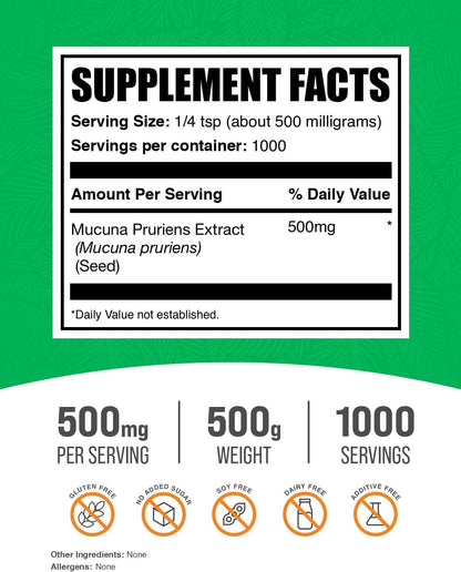 Mucuna Pruriens Extract Powder - 500mg per Serving, 500g