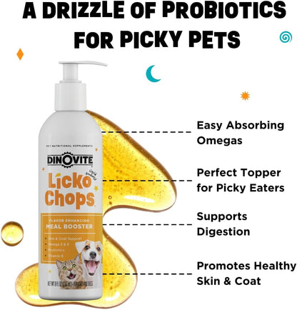 Dinovite Lickochops for Dogs & Cats - Omega-6, Omega-3, Probiotics & Vitamin E Supplement, 473 ml with Pump