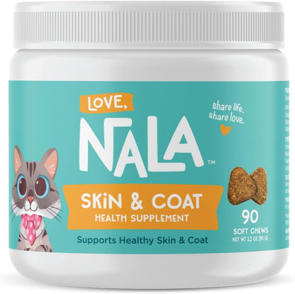 LOVE, NALA Skin and Coat Supplement for Cats – 90 Tasty Soft Chews with Omega-3, Biotin and Vitamin E – Promotes Healthy Skin and Coat