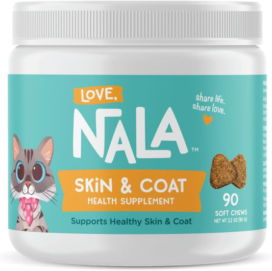 LOVE, NALA Skin and Coat Supplement for Cats – 90 Tasty Soft Chews with Omega-3, Biotin and Vitamin E – Promotes Healthy Skin and Coat