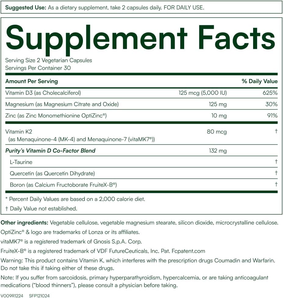 Purity Products Advanced D - Vitamin D3 Super Formula with K2, Zinc, Magnesium, Boron & Taurine - 60 Vegan Capsules - görsel 2