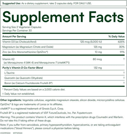 Purity Products Advanced D - Vitamin D3 Super Formula with K2, Zinc, Magnesium, Boron & Taurine - 60 Vegan Capsules