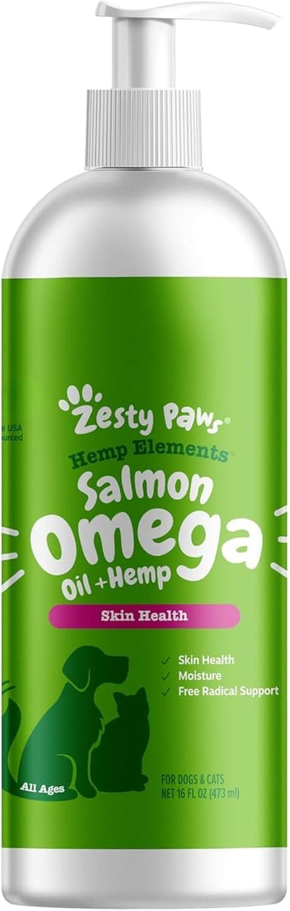 Zesty Paws Salmon Omega Oil + Hemp for Dogs and Cats – Wild Alaskan Salmon Oil with Hemp Seed Oil, Omega-3 EPA & DHA, 16 oz