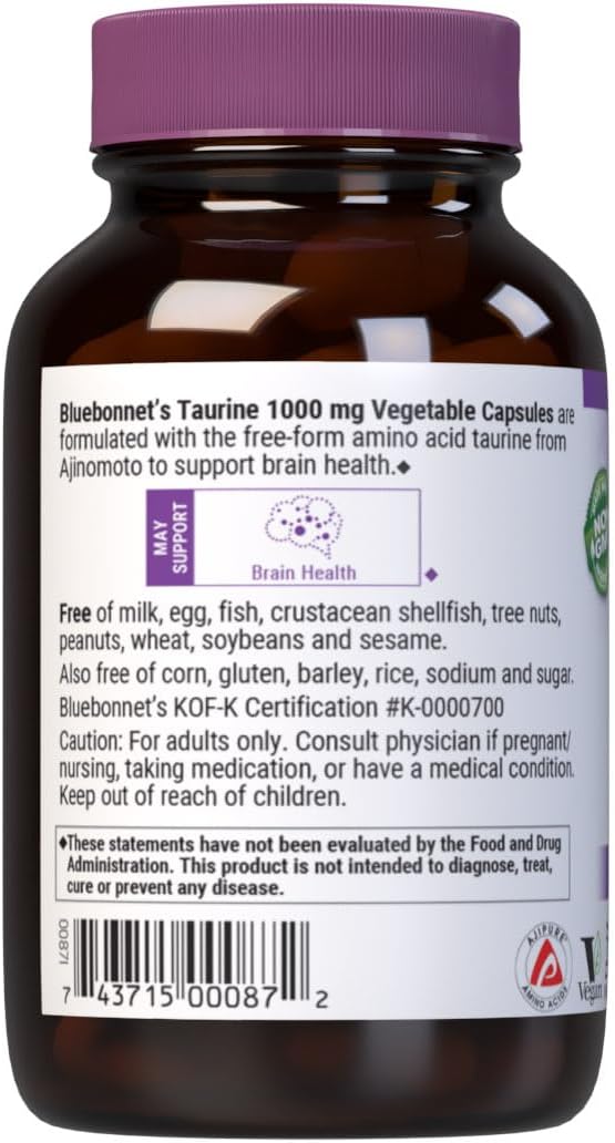 Bluebonnet Nutrition Taurine 1000 mg – Nervous System Health, Non-GMO, Vegan, Kosher, 50 Capsules - görsel 3