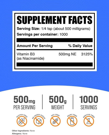 BulkSupplements Niacinamide Powder - Vitamin B3 Supplement, 500 mg per Serving, 500 g