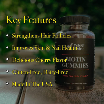 Pete & Pedro Biotin Gummies for Hair, Skin and Nails – 5000mcg Cherry Flavour, 60 Count