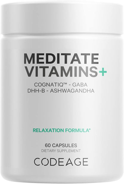 Codeage Meditate Vitamins+ Supplement - CognatiQ, DHH-B, GABA, Ashwagandha, Organic Mushrooms, Blueberries - BDNF Brain Pills and Neuroprotein - Vegan, Non-GMO, Gluten-Free - 60 Capsules