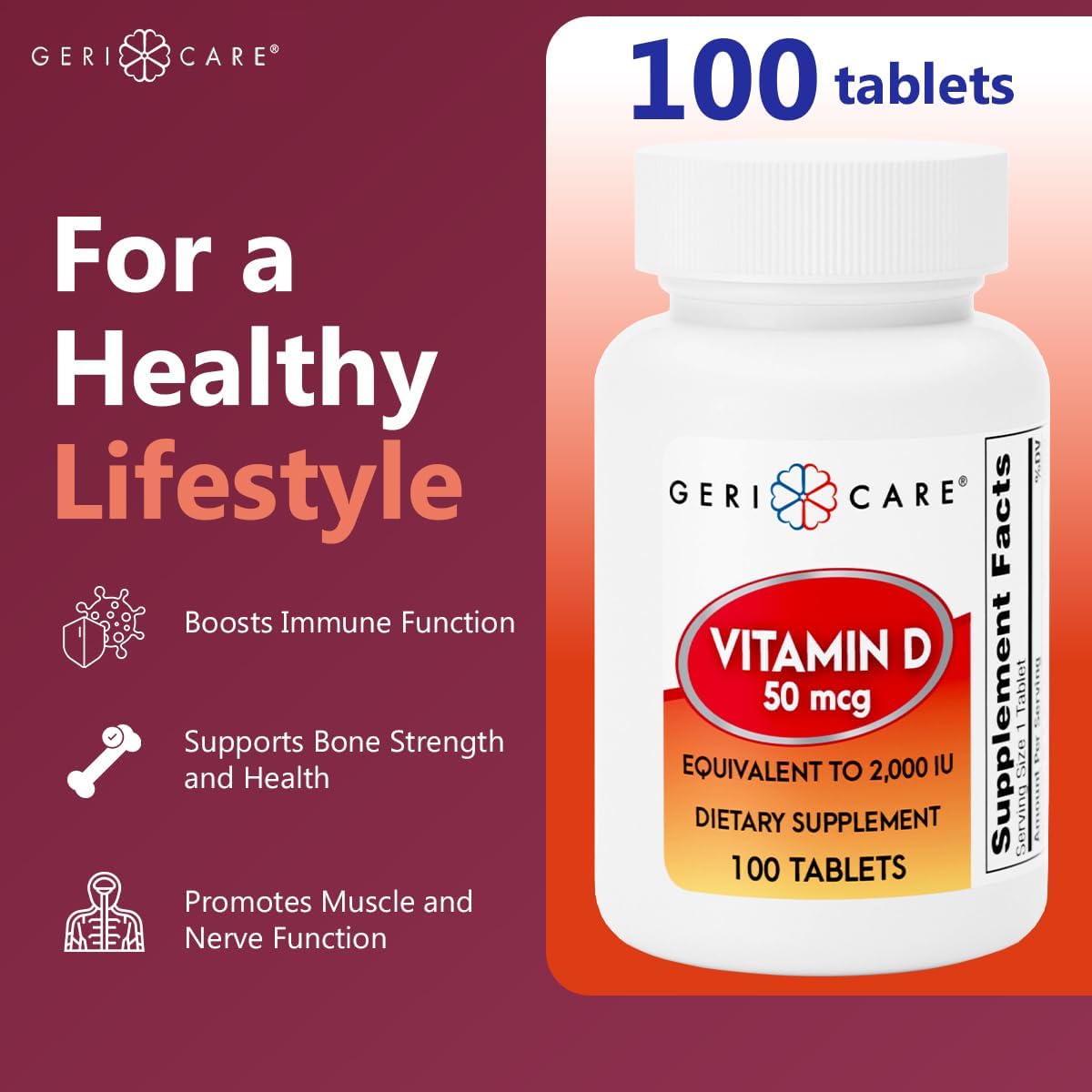 GeriCare Vitamin D 50 mcg (2000 IU) – 100 Tablets – Bone Health, Muscle Function and Immune Support - görsel 2