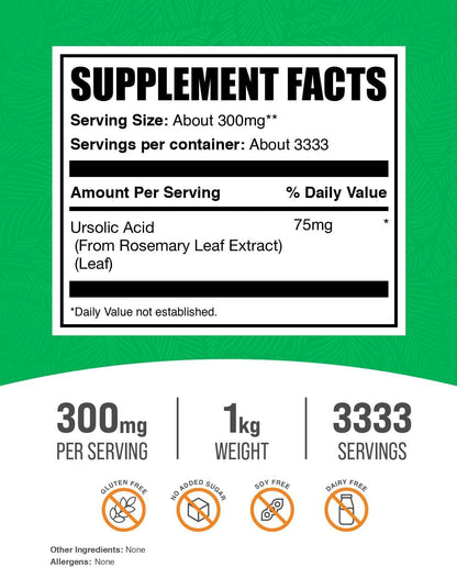BulkSupplements.com Ursolic Acid Powder - Sourced from Rosemary Leaf Extract, 75mg per Serving, 1kg