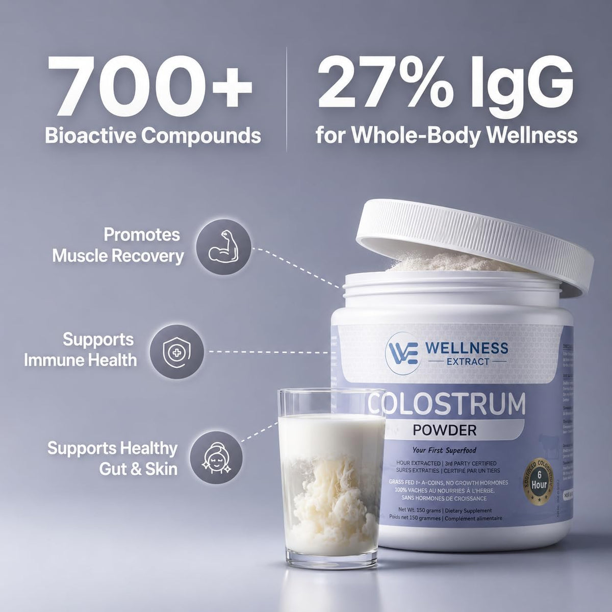 WELLNESS EXTRACT Bovine Colostrum Powder with Lactoferrin, Grass-Fed Organic Colostrum Supplement for Gut Health, Immune Support & Muscle Recovery, Rich in IgG & IgA, Unflavoured, 60 g - görsel 3