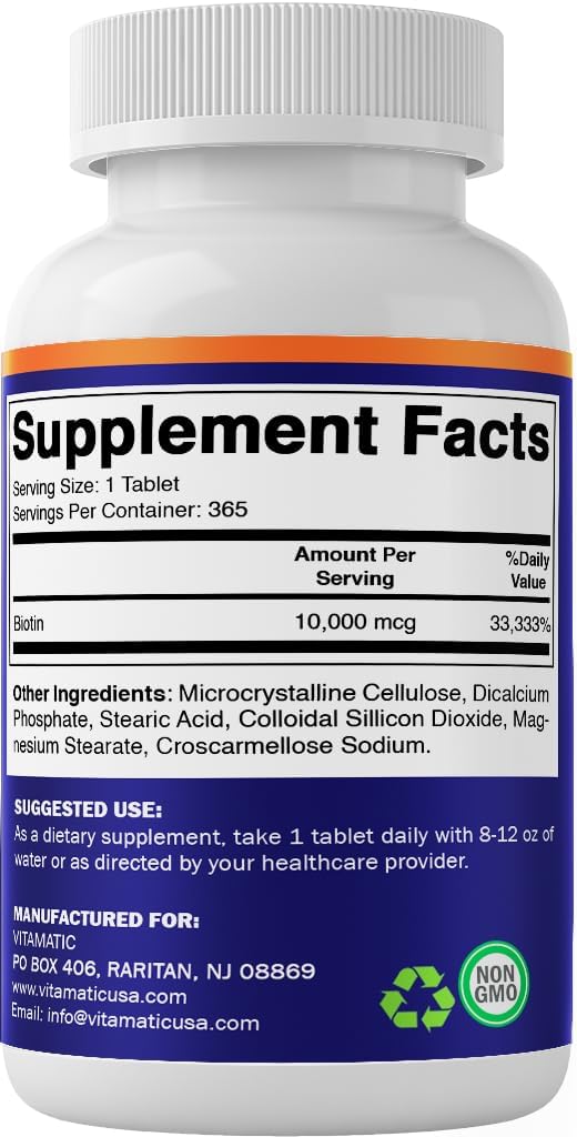 Vitamatic Biotin 10,000 mcg (10 mg) - 365 Vegan Tablets for Hair, Skin and Nails - görsel 7