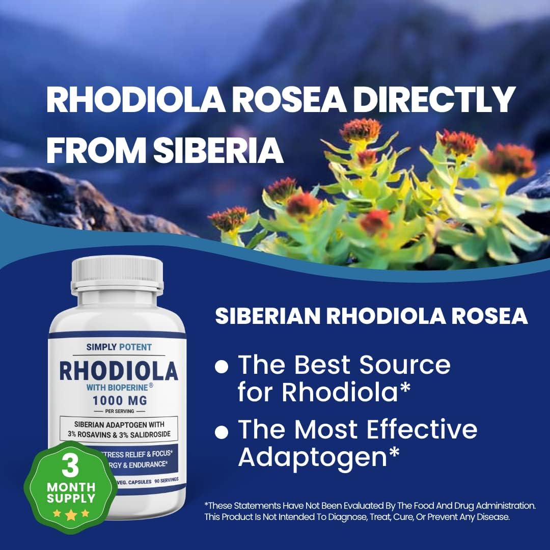 Simply Potent Siberian Rhodiola Rosea Capsules – 1000mg per Serving with BioPerine, 180 Capsules - görsel 2
