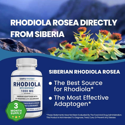 Simply Potent Siberian Rhodiola Rosea Capsules – 1000mg per Serving with BioPerine, 180 Capsules