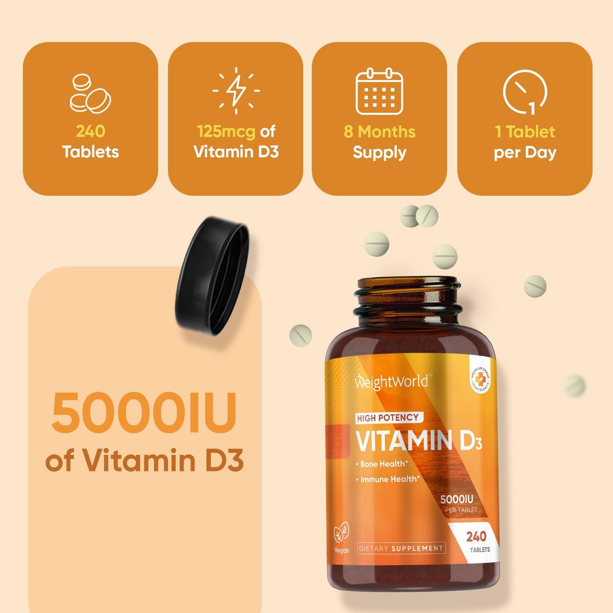 WeightWorld Vegan Vitamin D3 5000 IU Tablets – 240 Tablets – Bone & Immune Health Support - görsel 5