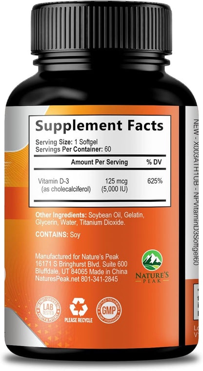Vitamin D-3 5000 IU (125 mcg) Per Serving Softgels - Extra Strength Vitamin D Dietary Supplement for Bone, Teeth, Muscle Health & Immune Support, Rapid Absorption, Bottled in USA, Gluten-free - 60 Count