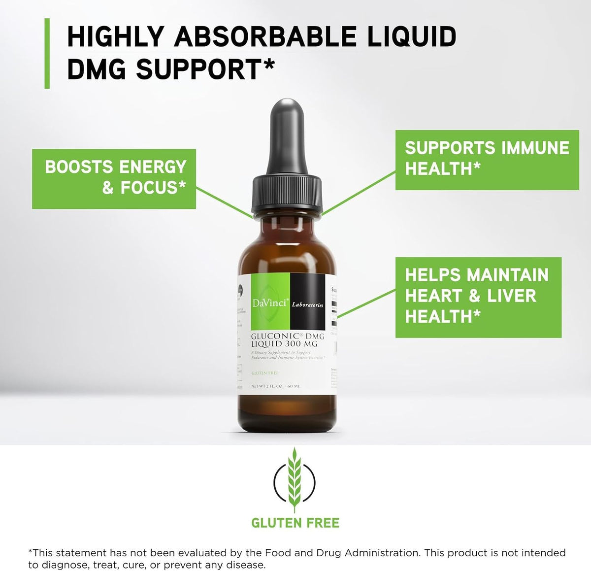 DaVinci Labs Gluconic DMG Liquid 300mg – Supports Immune System, Muscle Function, Heart Health & Brain Health* – 60 ml (60 Servings) - görsel 3