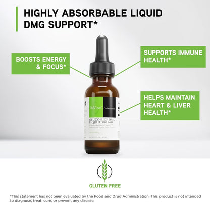 DaVinci Labs Gluconic DMG Liquid 300mg – Supports Immune System, Muscle Function, Heart Health & Brain Health* – 60 ml (60 Servings)