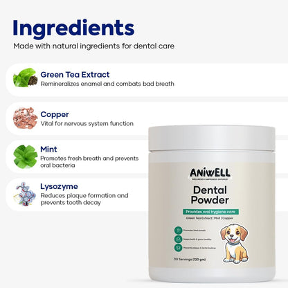 Aniwell Dog Dental Powder - Herbal Extract Formulation for Fresh Breath, Plaque & Tartar Support | No Brushing Required | Daily Dog Breath Freshener for All Breeds