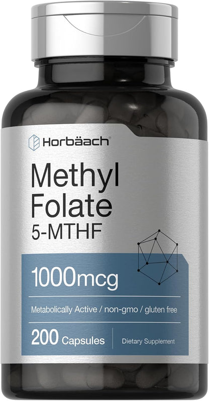 Horbäach Methyl Folate Supplement | 1000 mcg | 200 Capsules | Active 5-MTHF