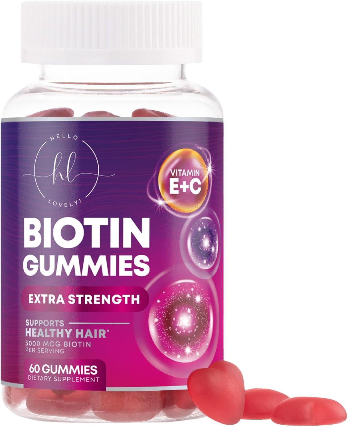 Hello Lovely Hair Vitamins Gummies – Biotin 5000 mcg with Vitamins E and C for Hair, Skin and Nails – 60 Gummies - görsel 1