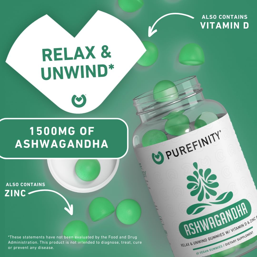 PUREFINITY Ashwagandha Gummies with Vitamin D & Zinc – Supplement for Relaxation, Calming and Mood Support – 60 Gummies - görsel 4