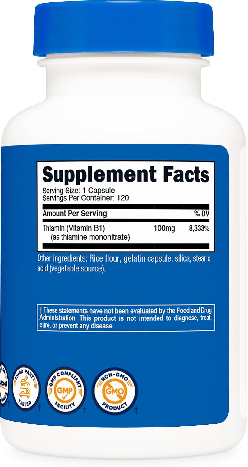 Nutricost Vitamin B1 (Thiamine) 100mg, 120 Capsules - Gluten-free and Non-GMO - görsel 5