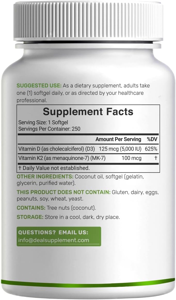 DEAL SUPPLEMENT Vitamin D3 5,000 IU + K2 MK7 100mcg Soft gel capsules | 2-in-1 Complex with Virgin Coconut Oil | Supports Heart, Bone, Teeth & Immune Health | Easy to Swallow - görsel 6