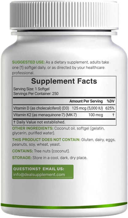DEAL SUPPLEMENT Vitamin D3 5,000 IU + K2 MK7 100mcg Soft gel capsules | 2-in-1 Complex with Virgin Coconut Oil | Supports Heart, Bone, Teeth & Immune Health | Easy to Swallow