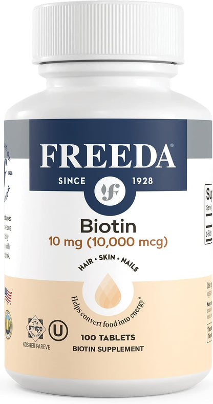 FREEDA Biotin 10,000 mcg – Hair, Skin & Nails Support – Tiny Tablets